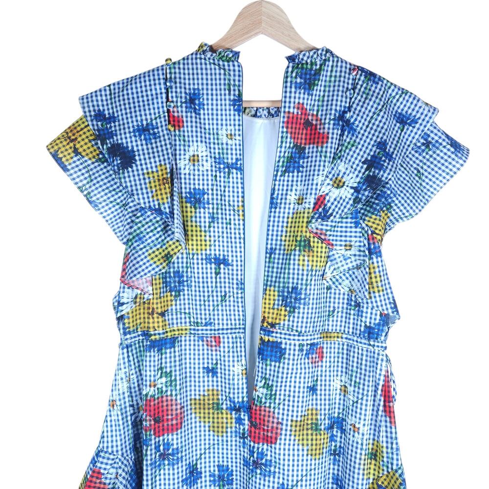 Pearl by Lela Rose Floral Gingham Dress 8 Blue White Ruffle Detail Cottagecore - Picture 12 of 15